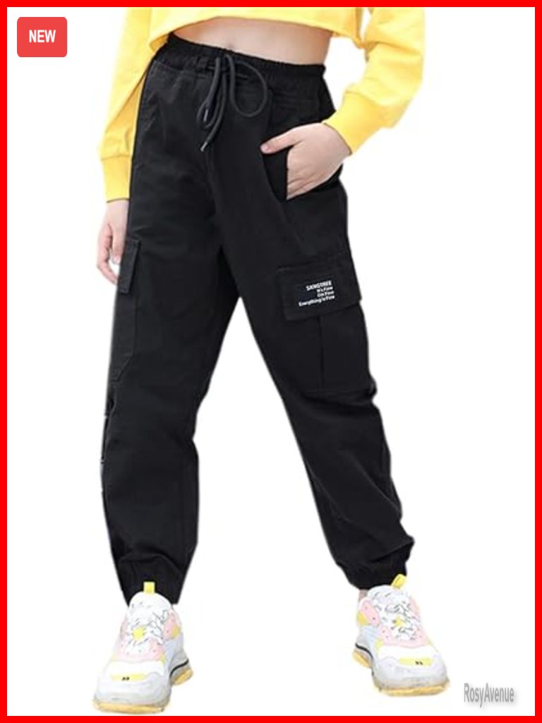 High Rise Cargo Jogger Pants With Drawstring Elastic Waist - Cotton Blend